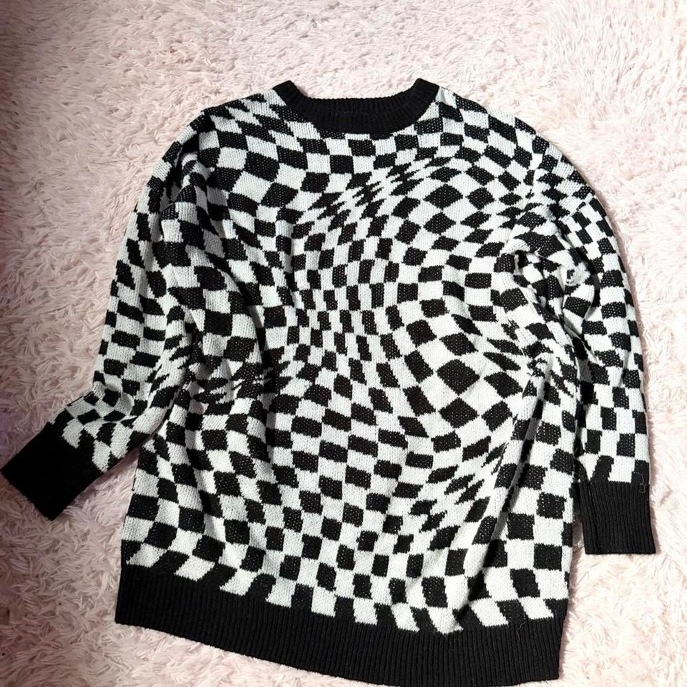 Oversized Psychedelic Distorted Checkered Skater Grunge Sweater Womens XL Edgy